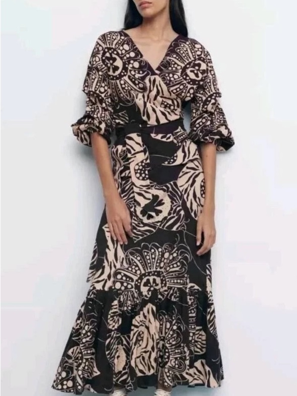 Zara Brown and Beige Printed Wrap Maxi Skirt Set - in excellent condition